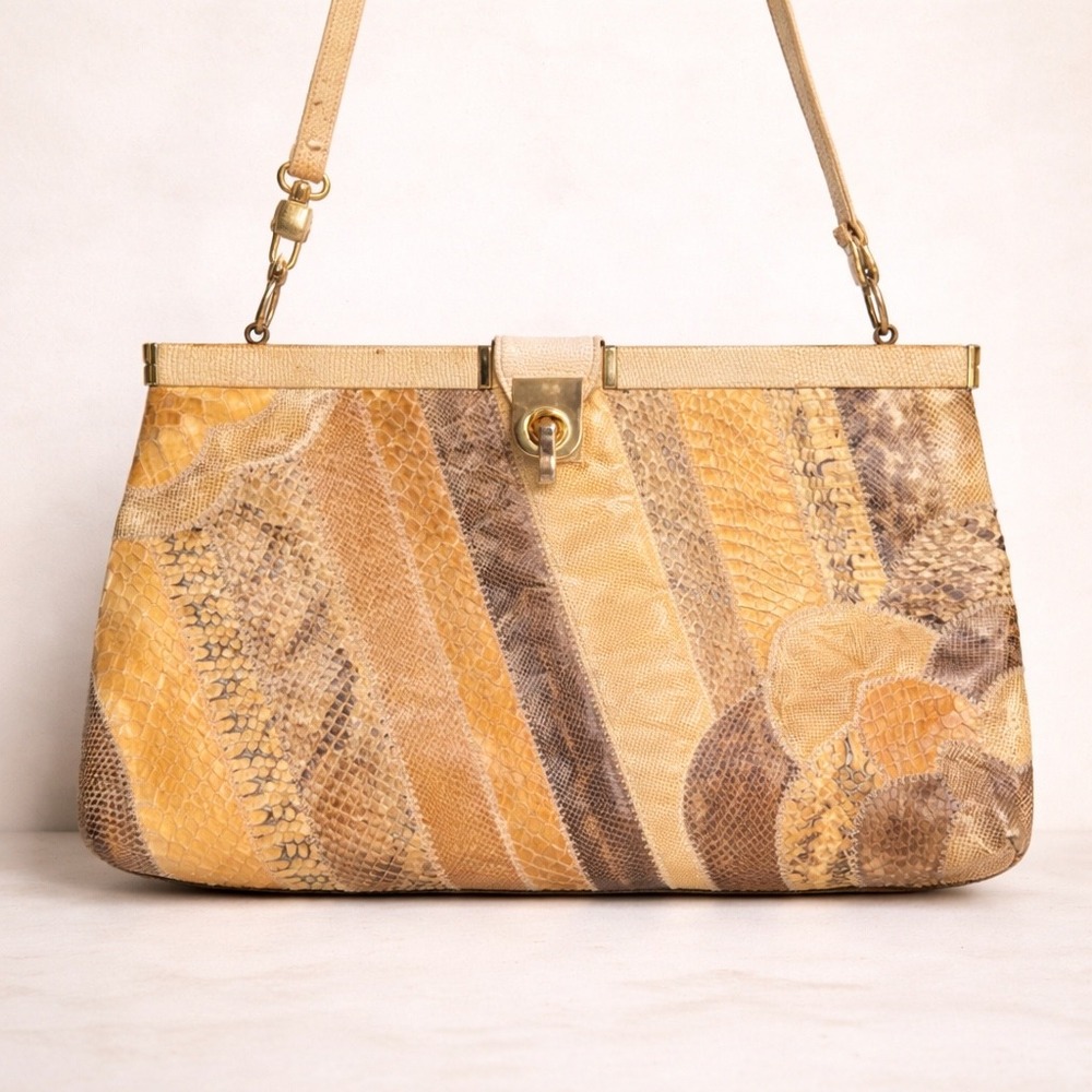 Vintage Snakeskin Patchwork Handbag Gold Frame Exotic Skin Shoulder Bag Tan